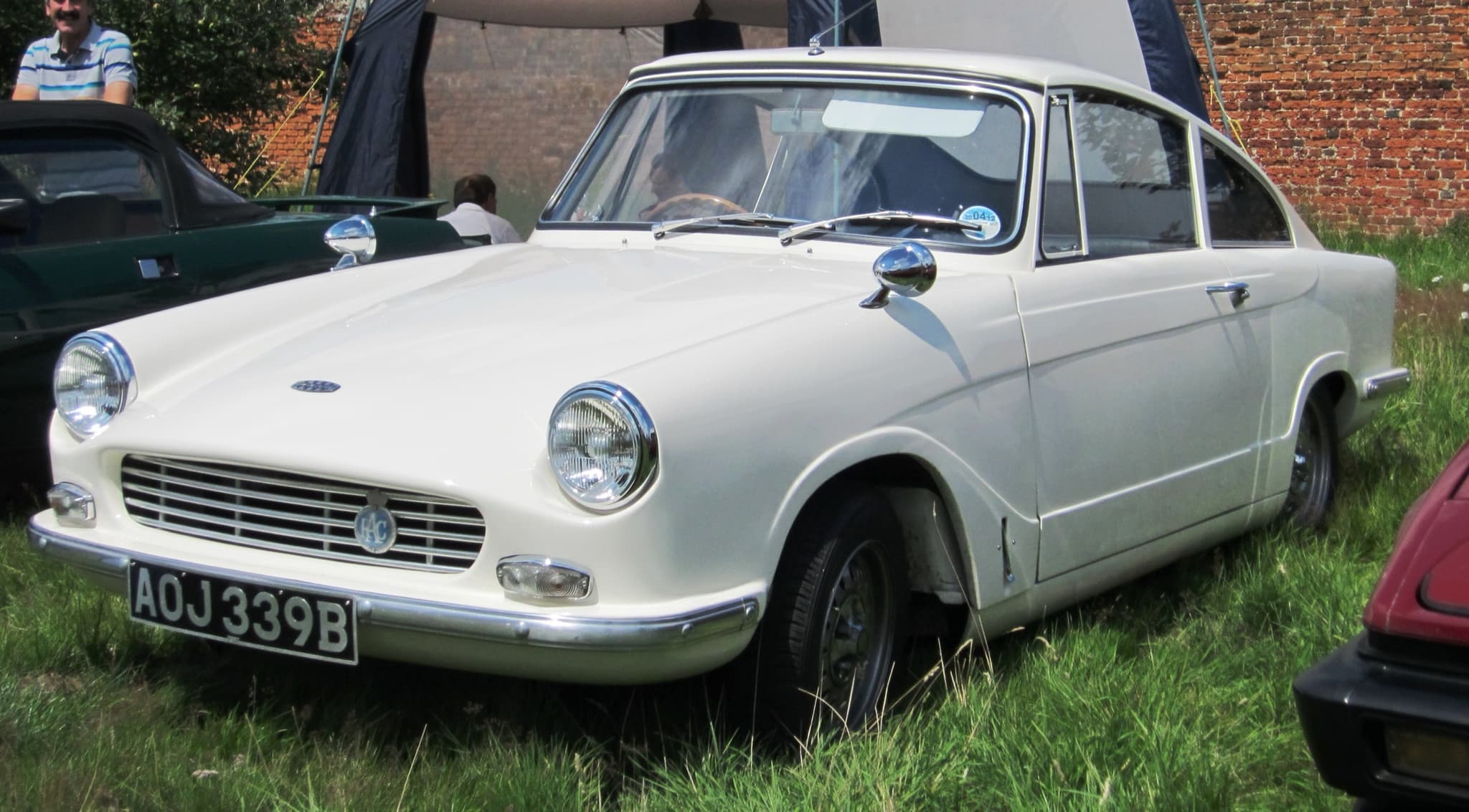 A white Bond Equipe coupé with a slatted grille and chrome bumper, parked on long grass at a show.
